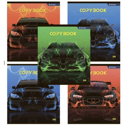 Тетрадь 36 л., А5, клетка, Alingar "Super car", скрепка, офсет,  мелованный картон (стандарт), 5  дизайнов в пленке т/у AL11584