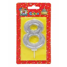 Свеча для торта Серебряный глиттер с окантовкой Цифра 8 С-5972