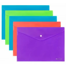 Папка-конверт с кнопкой А4, КОМПЛЕКТ 5 шт., яркие неоновые цвета ассорти, BRAUBERG "NEON", 272872