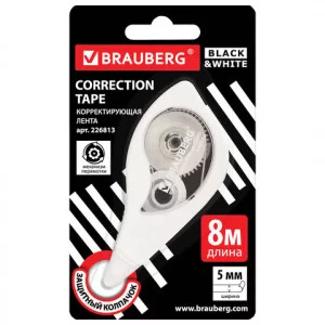 Корректирующая лента BRAUBERG "BLACK&WHITE" 5 мм х 8 м, корпус белый, механизм перемотки, блистер, 226813