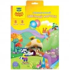 Картон цветной А4, Мульти-Пульти, 8л., 8цв., перламутровый, в папке с европодвесом, "Приключения Енота" 258907