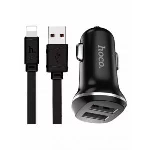 Блок питания автомобильный 2 USB HOCO Z1 2100mA пластик кабель Apple 8 pin чёрный 6957531040125