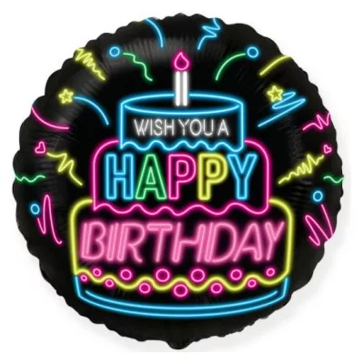 Шар (18\'\'/46 см) Круг, С Днем Рождения (неоновые огни), Черный, 1 шт. 401598
