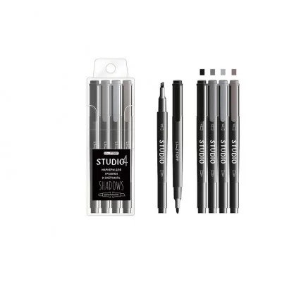 Набор маркеров для скетчинга "STUDIO". Двухсторонние. В наборе: 4 шт. Упаковка: ПВХ чехол с европодвесом STUDIO. Shadows НМД40043