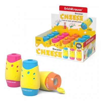 Точилка пластиковая ErichKrause Cheese двойная с контейнером ассорти 50143