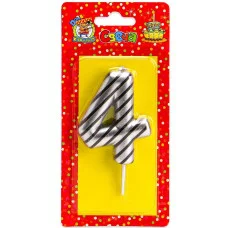 Свеча для торта в полоску, Цифра 4, серебряная С-2523