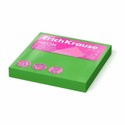 Блок самоклеящийся бумажный ErichKrause Neon, 75х75 мм, 100 листов, зеленый 61659