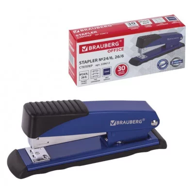 Степлер №24/6, 26/6 металлический BRAUBERG "Office", до 30 листов, синий, 228612