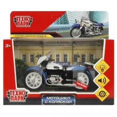 Модель металл свет-звук МОТОЦИКЛ С КОЛЯСКОЙ ПОЛИЦИЯ 13 см, белый, кор. Технопарк  SIDEMOTO-13SLPOL-WH