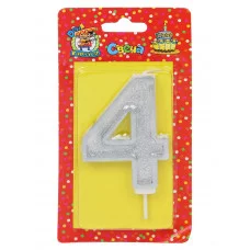 Свеча для торта Серебряный глиттер с окантовкой Цифра 4 С-5968