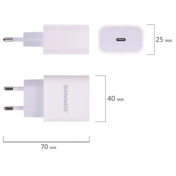 Зарядное устройство быстрое сетевое (220 В) SONNEN, Type-C PD 20 Вт, 3 A, белое, 455507