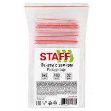 Пакеты с замком ZIP-LOCK "зиплок", комплект 100 шт., 60х80 мм, ПВД, толщина 32 мкм, STAFF, 608164
