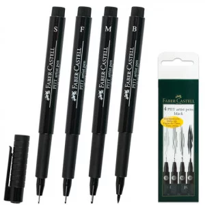 Ручки художественные капиллярные FABER-CASTELL в НАБОРЕ из 4шт., ЧЕРНЫЕ, Pitt,4 толщины линии,167100
