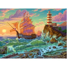 Алмаз мозаика (класс.) 30х40 см, с подр., с полн. заполн. (30цв) Корабль и маяк (Арт. НД-0539)