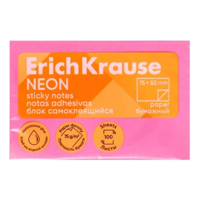 Блок самоклеящийся бумажный ErichKrause Neon, 75х50 мм, 100 листов, розовый 61690