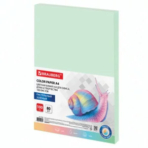 Бумага цветная BRAUBERG, А4, 80 г/м2, 100 л. пастель, зеленая, для офисной техники, 112444