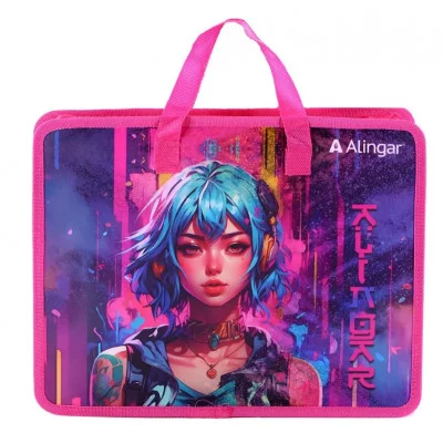 Папка с ручками 1 отделение, А4 265х335х90мм, Alingar, пластик, ручки тесьма, дизайн с двух стор, молния сверху, "Аниме. Девочка с голубыми волосами" AL11234