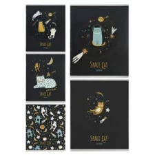 Тетрадь КЛЕТКА 48л. КОТЫ И КОСМОС (48-7019) цвет мел обл,,глиттер неон. 48-7019