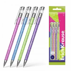 Набор из 4 ручек шариковых ErichKrause ULTRA-20 Stick Glitter 0.7, Super Glide Technology, цвет чернил синий (в пакете) 61033