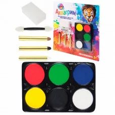 Набор аквагрима для детей-6 цветов, карандаш-3шт, спонж 1шт, апплик 1шт КС-3598
