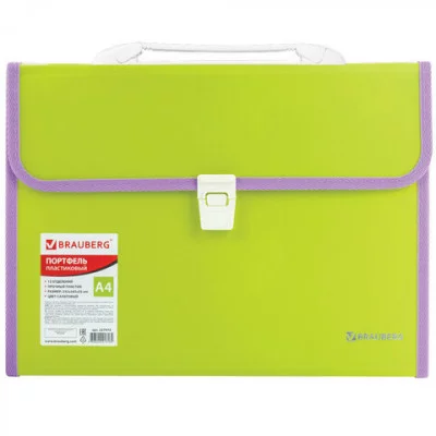 Портфель пластиковый BRAUBERG "Joy", А4 (330х245х35 мм), 13 отделений, с окантовкой, индексные ярлыки, салатовый, 227974