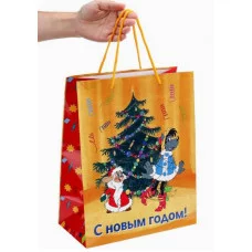 Пакет подар. с глянц.лам.26.4*32.7*13.6см(L)"Волк и заяц у ёлочки" 157г Ну-Погоди! ППК-2924