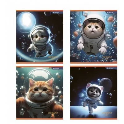 Тетрадь 48л., А5, клетка, Alingar "Cosmonaut cat", скрепка, мелованный картон (стандарт), блок офсет