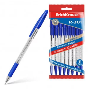 Набор из 8 ручек шариковых ErichKrause R-301 Stick&Grip Classic 1.0, цвет чернил синий 56617