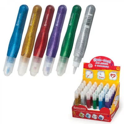 Гель-клей с блестками BRAUBERG, 10,5 мл, цвета ассорти, 190723