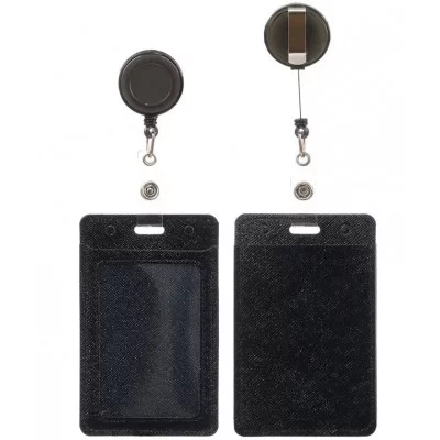 Бейдж для пропусков, проездных: кожзам, цвет ассорти с рулеткой-ретрактором вытяжной нитью, МС-6302