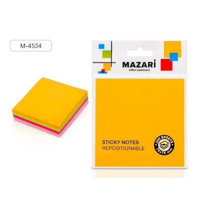 Бумага для заметок с клеевым краем, 76х76мм, 200л. 4 неоновых цвета M-4534