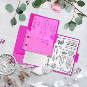 Тетрадь со см.блоком 120 л. кл. NEON. PINK А5 пластик обл. на кольцах с наклейками 202327