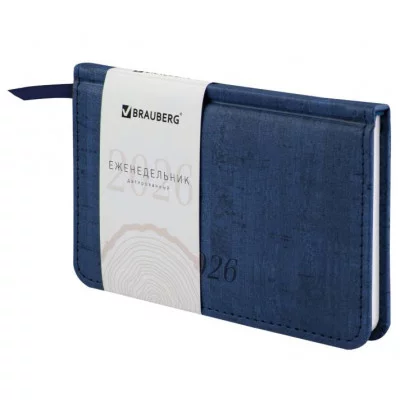 Еженедельник датированный 2026 МАЛЫЙ ФОРМАТ 95х155 мм, А6, BRAUBERG "Wood", под кожу, синий, 117195