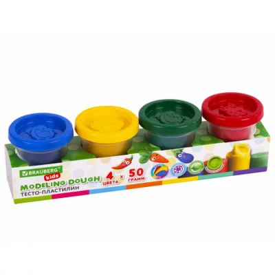 Пластилин-тесто для лепки BRAUBERG KIDS, 4 цвета, 200 г, яркие классические цвета, крышки-штампики, 106714