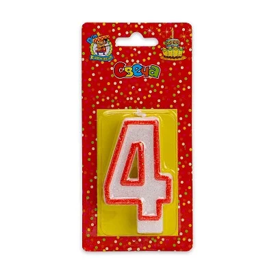 Свеча для торта с красной окантовкой блестками Цифра 4 С-2409