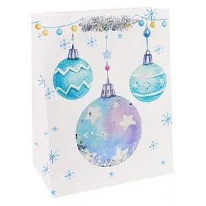 Dream cards Пакет подарочный с мат. лам., глиттером и  мишурой 18 x 23 x 10 см (M) Новогодние шарики, 210 г ПКП-3788