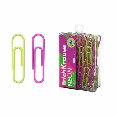 Скрепки металлические с виниловым покрытием ErichKrause Neon, 28мм, ассорти ( в пластиковой коробке 100 шт.) 62050