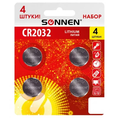 Батарейки литиевые SONNEN Lithium CR2032, "таблетки, дисковые, кнопочные", КОМПЛЕКТ 4 шт., блистер, 457142