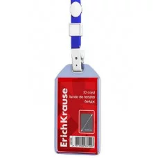Бейдж вертикальный в комплекте с лентой ErichKrause размер вставки 54х85 мм, прозрачный, цвет ленты синий 63722
