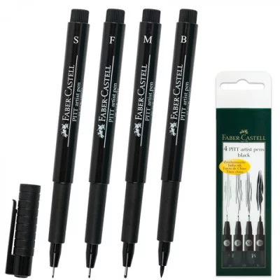 Ручки художественные капиллярные FABER-CASTELL в НАБОРЕ из 4шт., ЧЕРНЫЕ, Pitt,4 толщины линии,167100