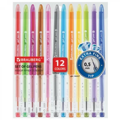 Ручки гелевые BRAUBERG DIAMOND, НАБОР 12 штук, АССОРТИ, 0,5 мм 143377