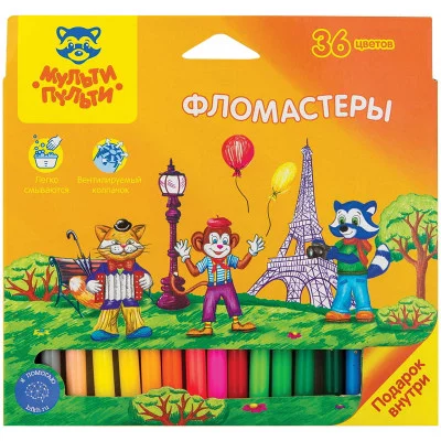 Фломастеры Мульти-Пульти "Енот во Франции", 36цв., смываемые, картон, европодвес Мульти-Пульти 260828