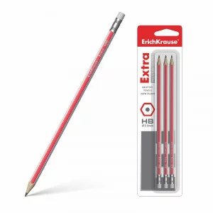 Чернографитный шестигранный карандаш с ластиком ErichKrause® Extra HB (в блистере по 3 шт.) 43573