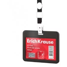 Бейдж горизонтальный в комплекте с лентой ErichKrause слайдер, твердый пластик ABC, размер вставки 85х54 мм, черный 63738