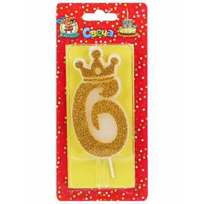 Свеча для торта Царская, золотая с глиттером Цифра 6 С-8343