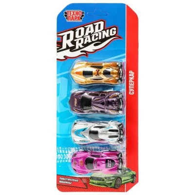 Машина пластик ROAD RACING набор СУПЕРКАР 7,5 см, 4 шт, в ассорт, блист. Технопарк RR-SET-С0101-R
