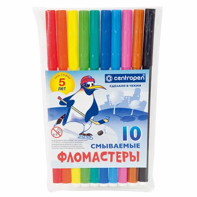 Фломастеры Centropen "Пингвины", 10цв., смываемые, ПВХ 2716