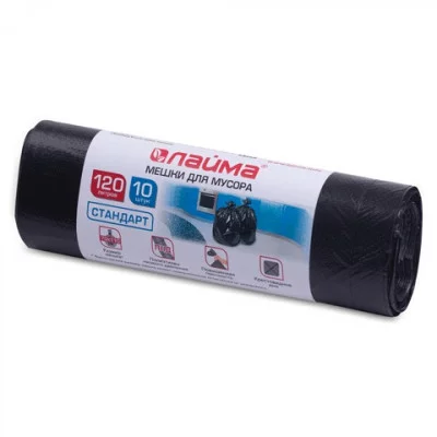 Мешки для мусора 120 л, черные, в рулоне 10 шт.,ПНД,14 мкм,70х110 см (±5%), стандарт, ЛАЙМА, 601385