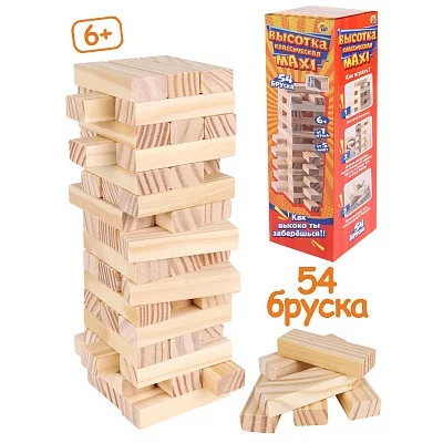 Игра"Башня.Высотка классич. Maxi"высота27см,размер бруска:15*25*75мм,54эл.,в коробке(Арт.ИН-9651) ИН-9651