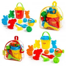 Набор №168 (в рюкзаке): ведро-цветок большое, ситечко-цветок лопатка №5, грабельки формочки (белочка + пёсик котёнок медведь), 3 формочки, лейка малая №4 5006